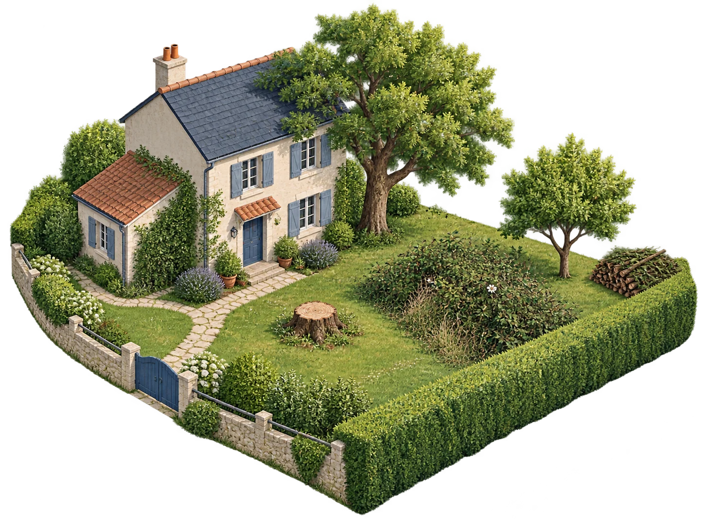 Illustration d'une maison et de son jardin avec arbres, souche, haie, végétation dense et branches coupées